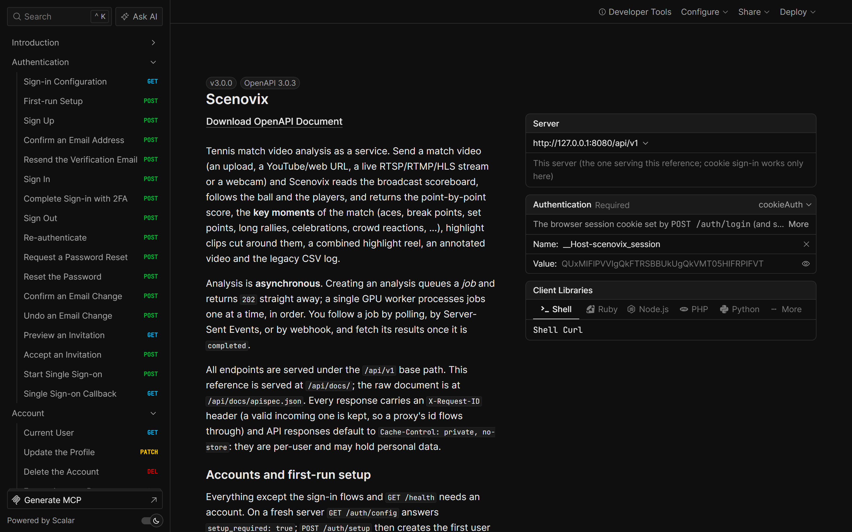 The interactive Scenovix API reference: an OpenAPI 3.0.3 document with authentication endpoints in the sidebar, the API introduction and a panel for server, authentication and client code samples.