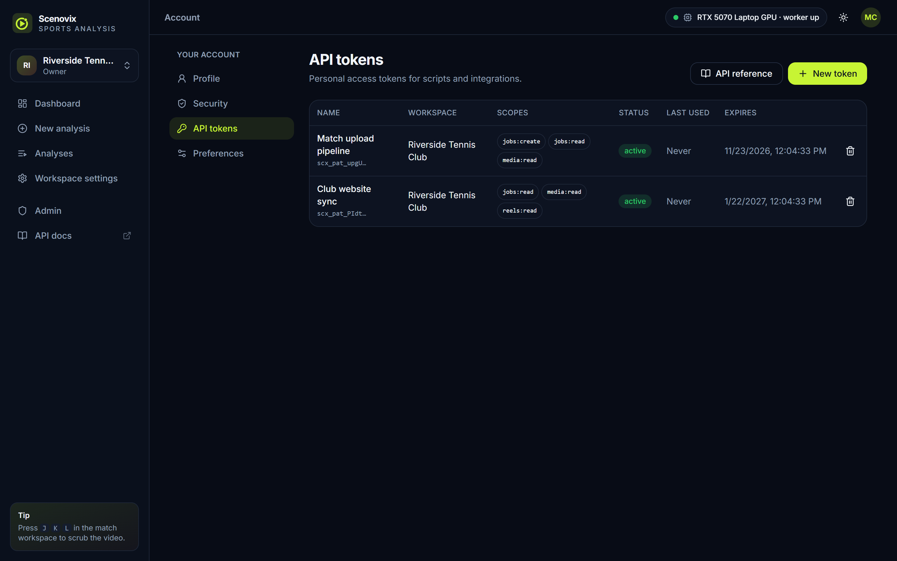 API tokens page in Scenovix showing two active tokens, each bound to one workspace with its own scopes, last use and expiry date.