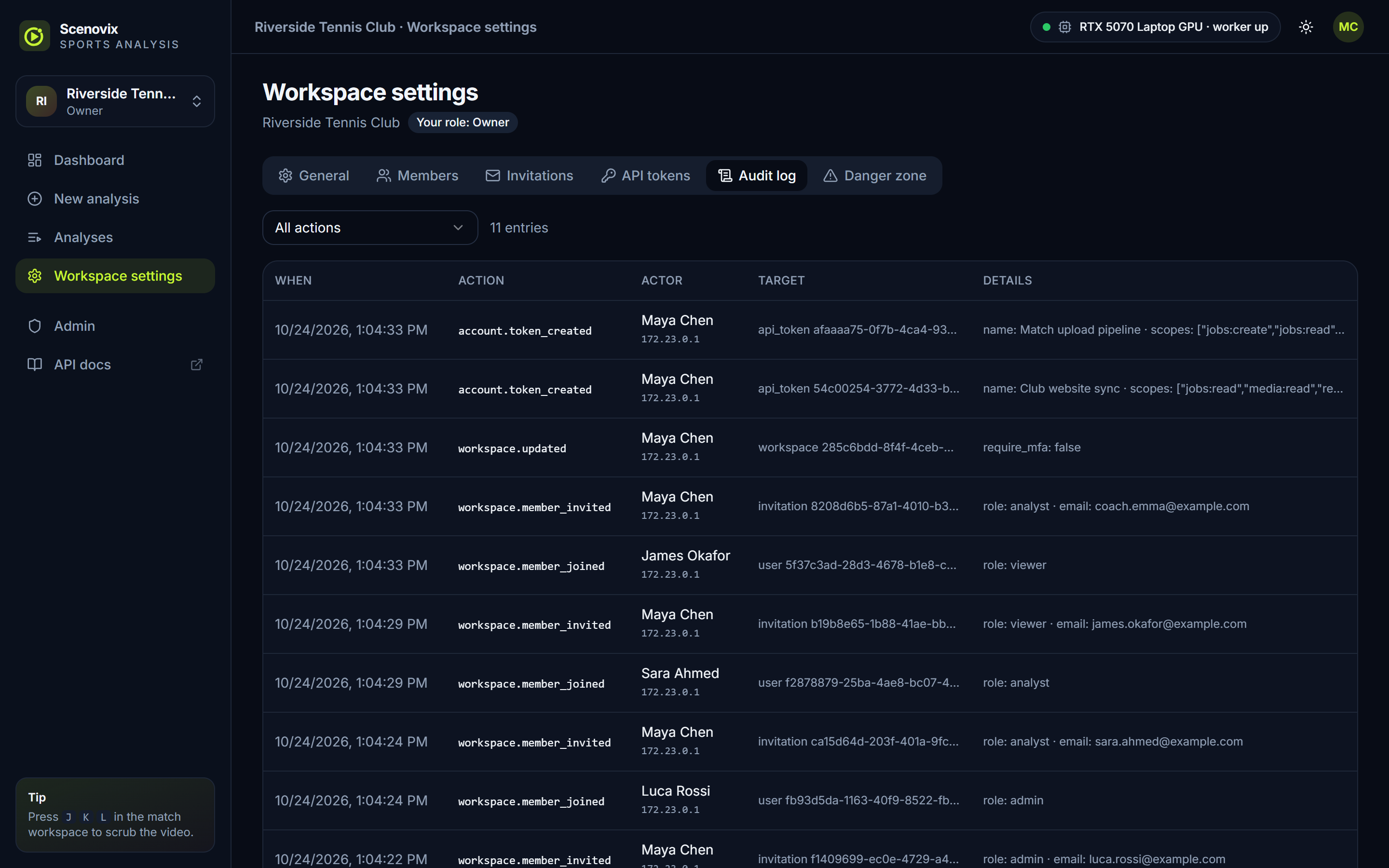 Workspace audit log in Scenovix with entries for API tokens created, workspace settings updated and members invited and joined, each with actor, IP address and details.