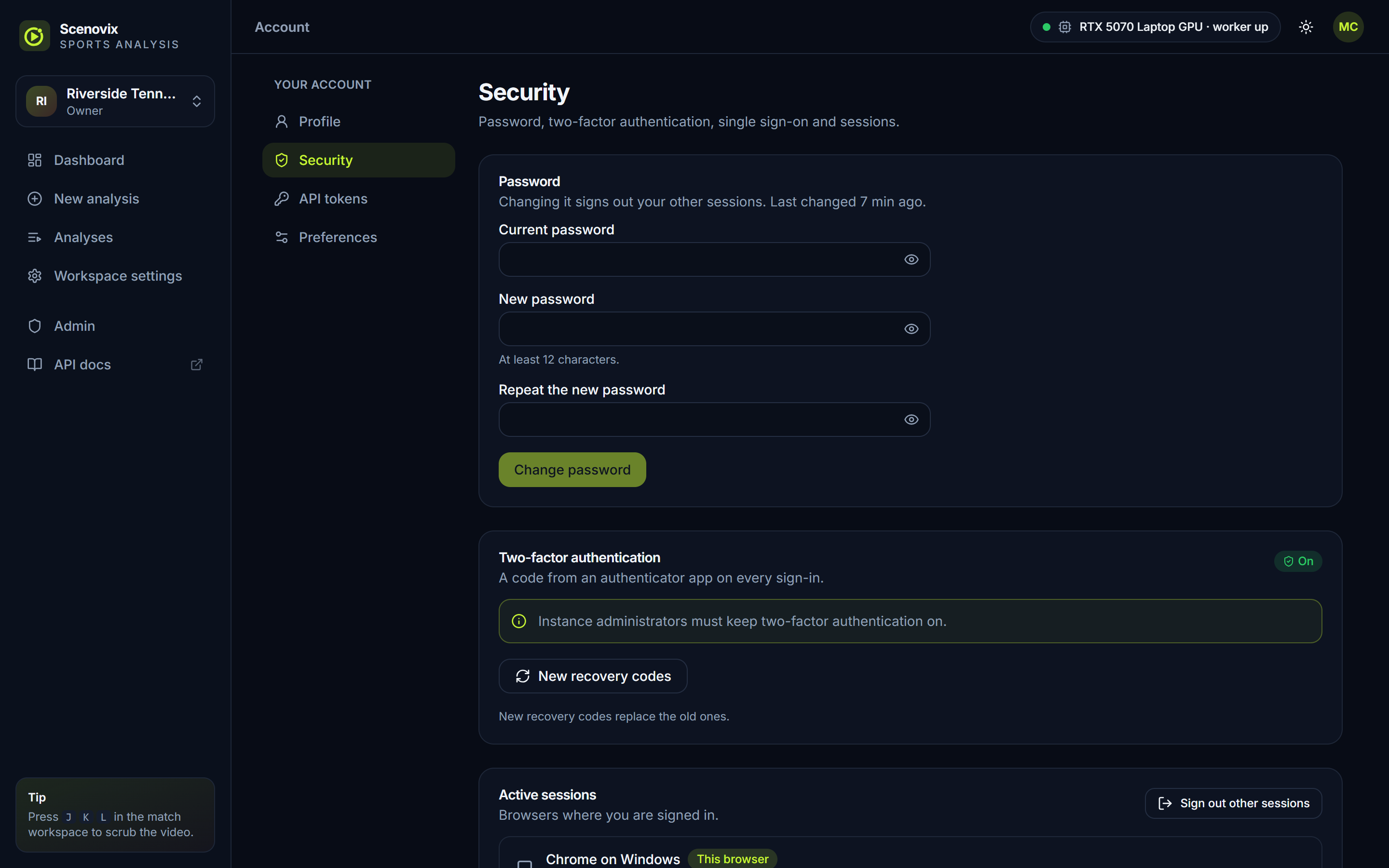 Account security settings in Scenovix: change password, two-factor authentication switched on with a button for new recovery codes, and the list of active sessions.