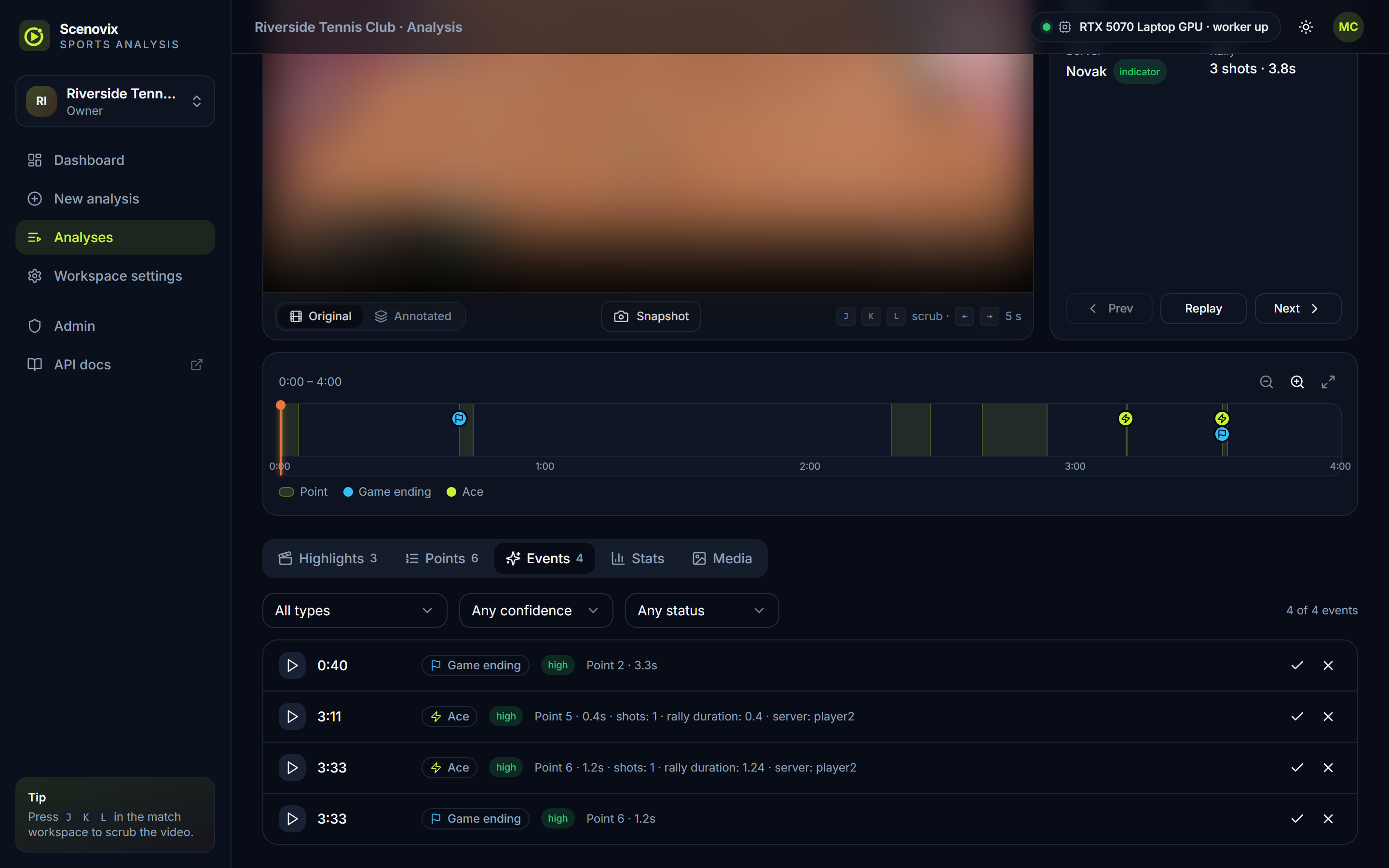 Events tab of a match workspace: each key moment with its time, type, a high confidence badge, point details, and accept or reject buttons.