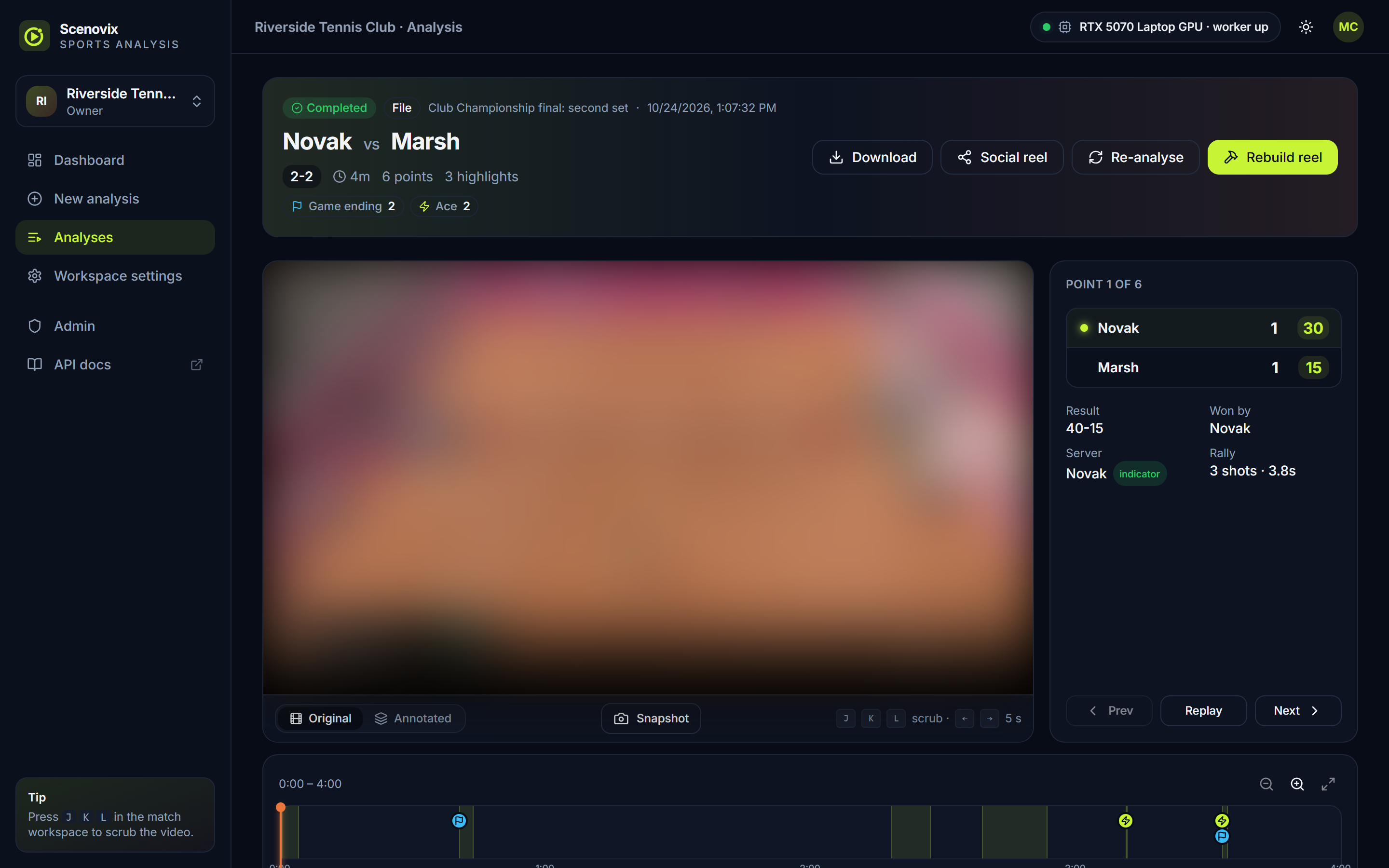 Scenovix match workspace: final score, points and highlights, the match video, the current point with server and rally length, and a timeline of key moments.